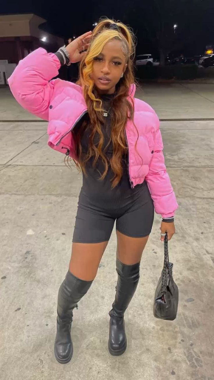 Edgy Pink Puffer with Black Romper